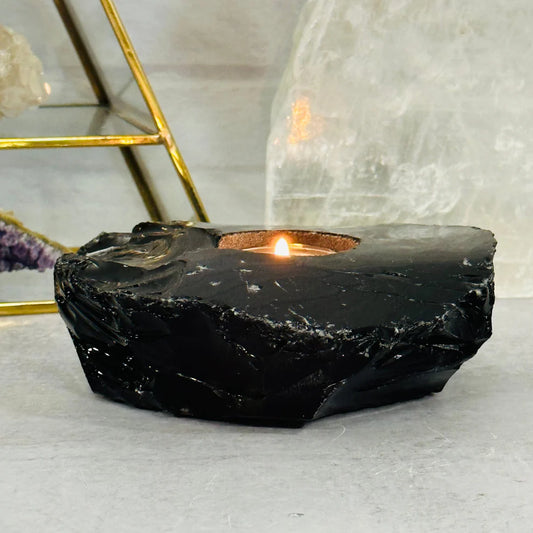 Black Obsidian Candle Holder - Black Stone Votive Tea Light